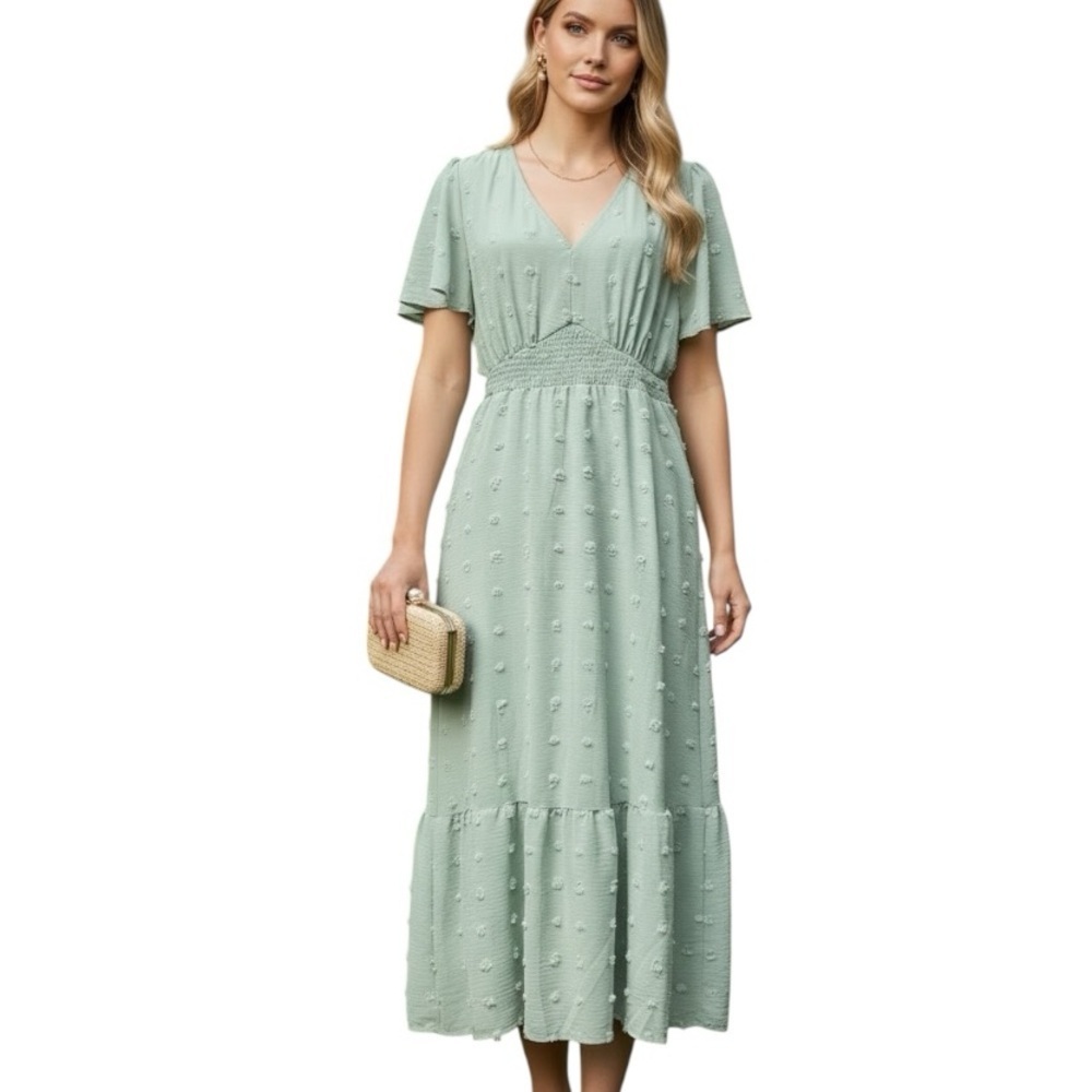 Simplee Large Sage Pastel Green V-neck Dot Maxi Dress